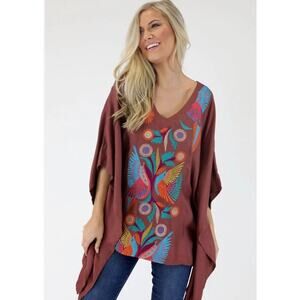 Judith March Womens M Brown Multi Embroidered Bird Boho Viscose Tunic Blouse NEW